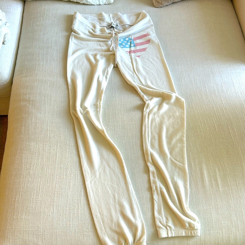 Wildfox Cream Track Pants with American Flag Accent